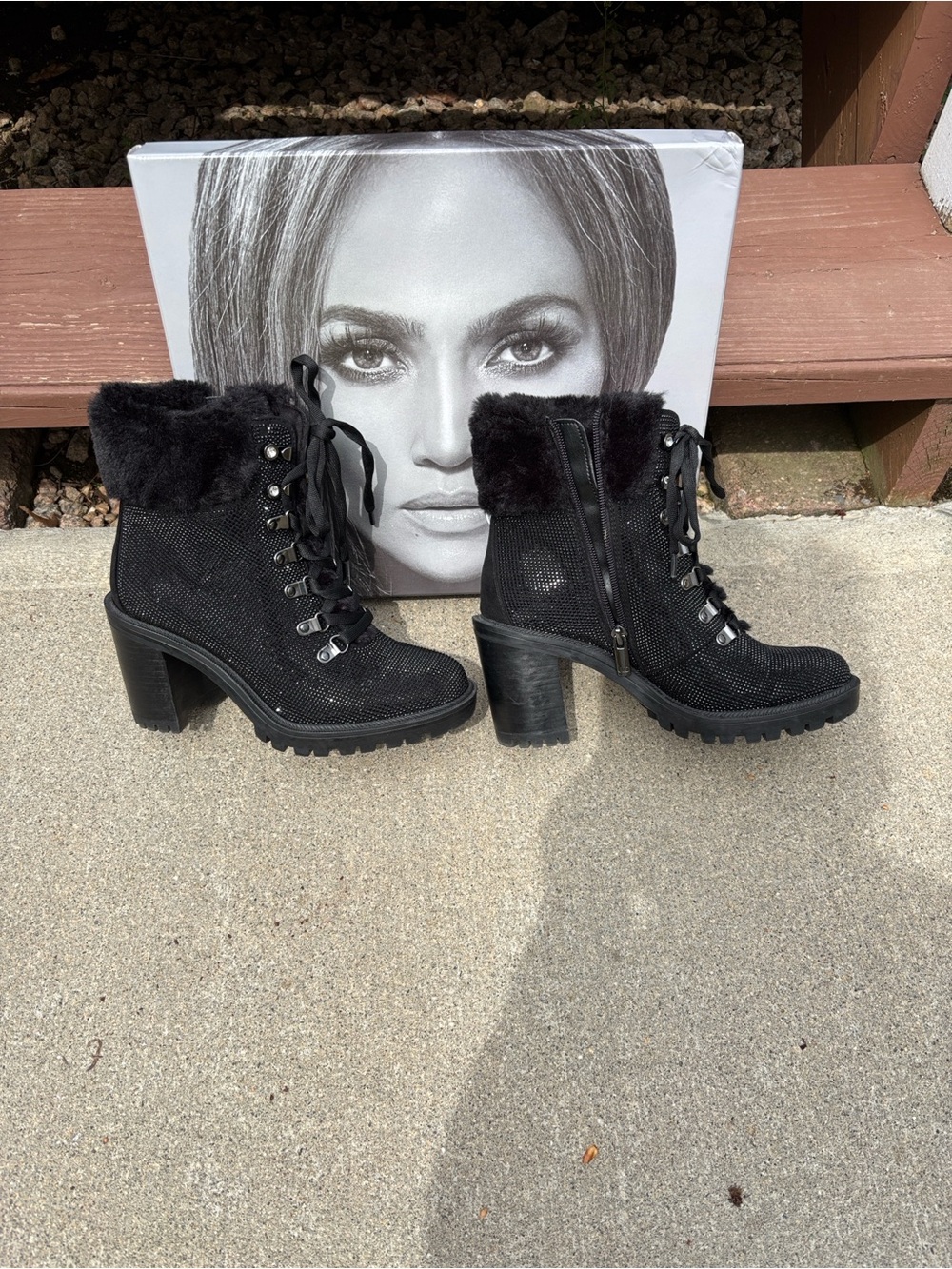 Jennifer Lopez Black Faux-Fur Lace-Up Heeled Booties